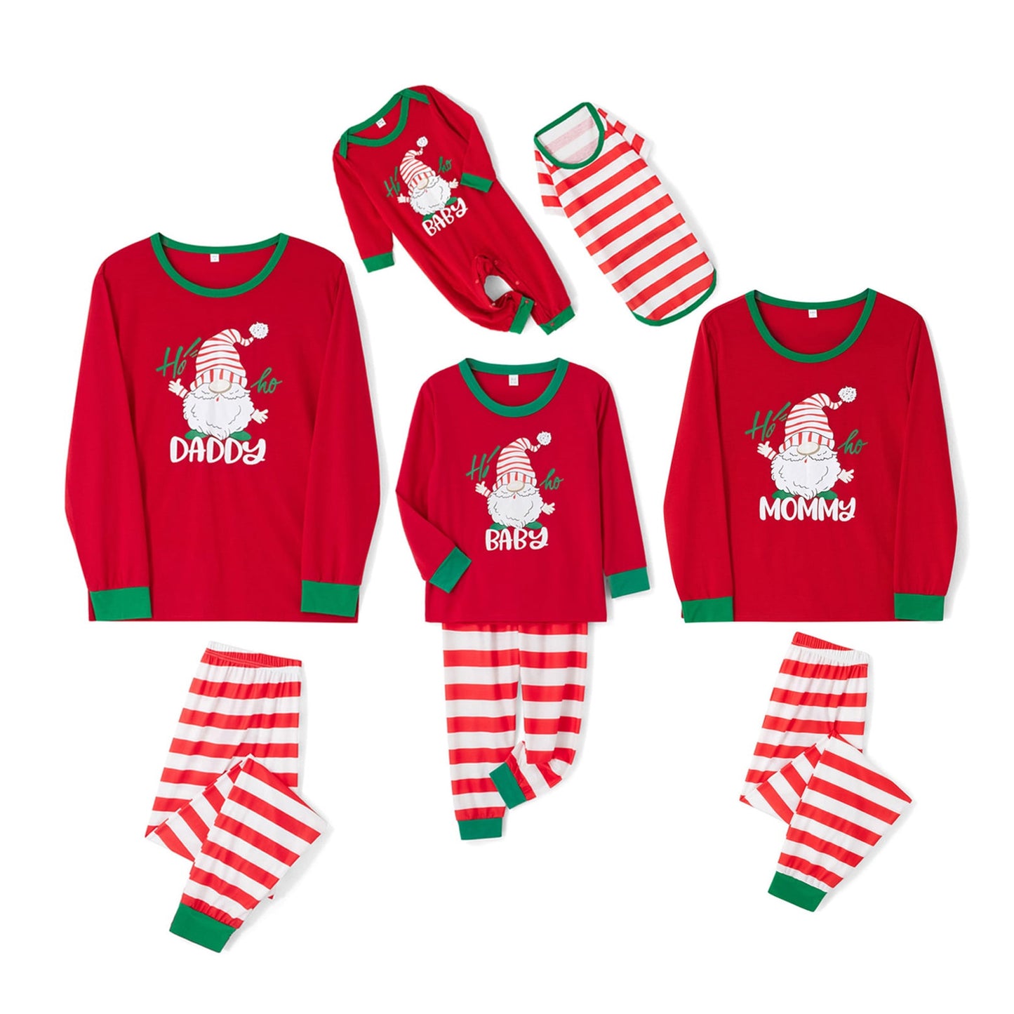 Matching Family Christmas Pajamas, Casual Santa Print Long-Sleeved Crew Neck Tops with Elastic Waist Stripe Trousers/One-Piece Baby Jumpsuit/Dog Clothes for Parent-child Holiday Party Wear