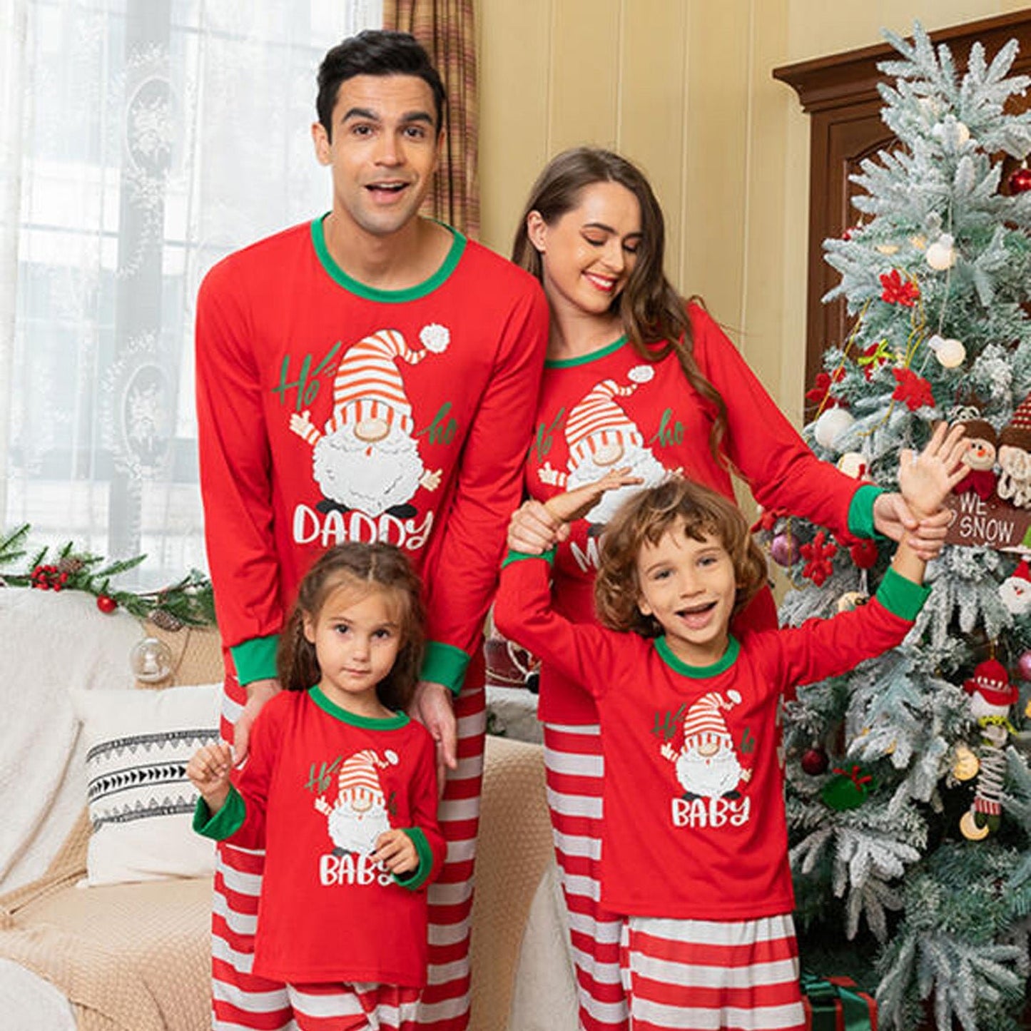 Matching Family Christmas Pajamas, Casual Santa Print Long-Sleeved Crew Neck Tops with Elastic Waist Stripe Trousers/One-Piece Baby Jumpsuit/Dog Clothes for Parent-child Holiday Party Wear