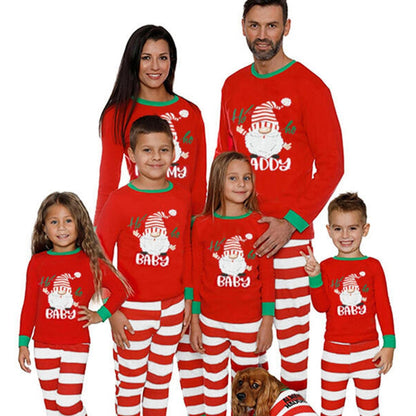 Matching Family Christmas Pajamas, Casual Santa Print Long-Sleeved Crew Neck Tops with Elastic Waist Stripe Trousers/One-Piece Baby Jumpsuit/Dog Clothes for Parent-child Holiday Party Wear